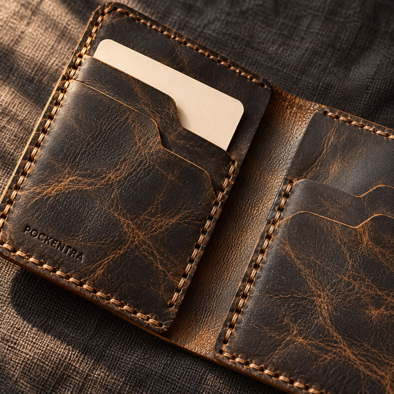 Close-up of brown stitched leather card pockets with a plain card