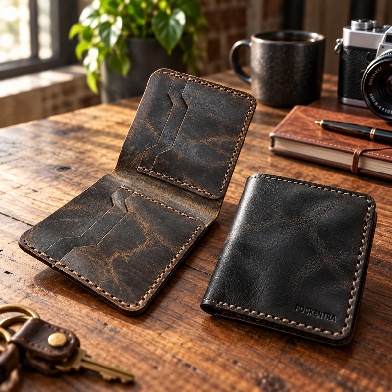 Open brown and closed black stitched leather bifold wallets on walnut