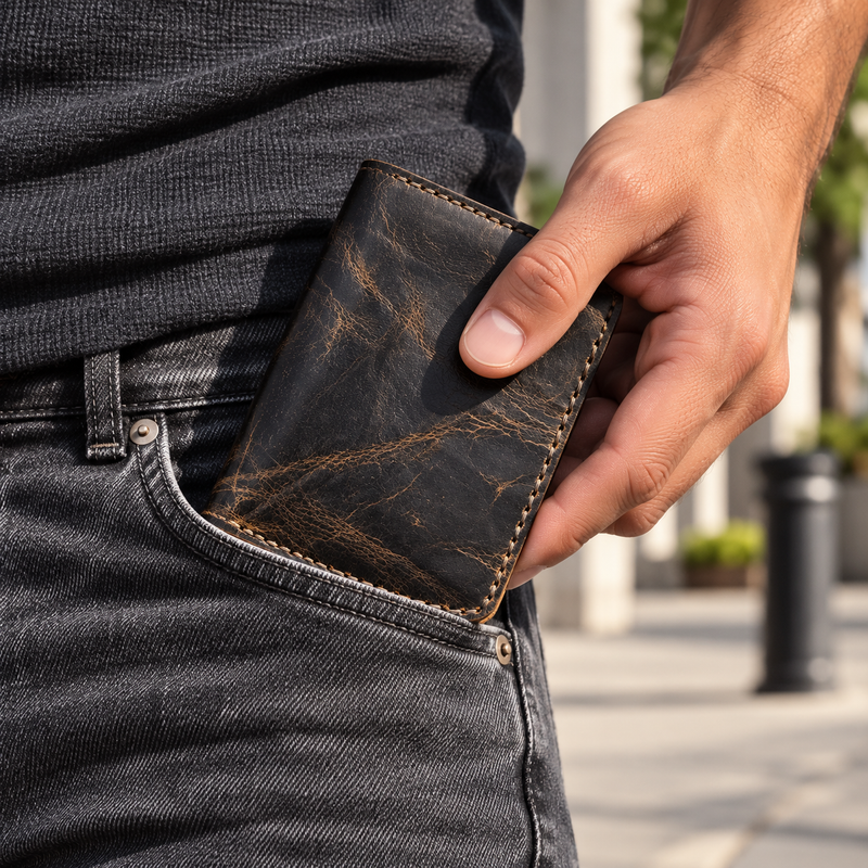 Black stitched slim leather wallet held beside a jeans pocket