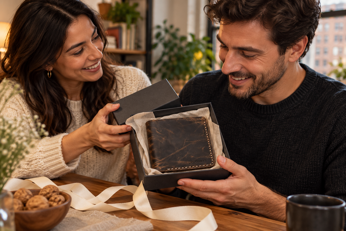 Couple sharing a brown leather wallet gift at home