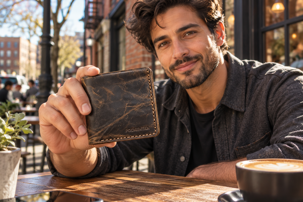 Man holding a distressed brown stitched Pockentra wallet at a café