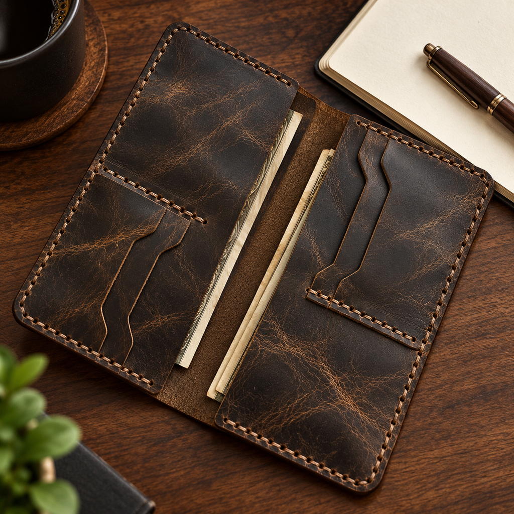 Long brown stitched leather billfold open on a walnut desk
