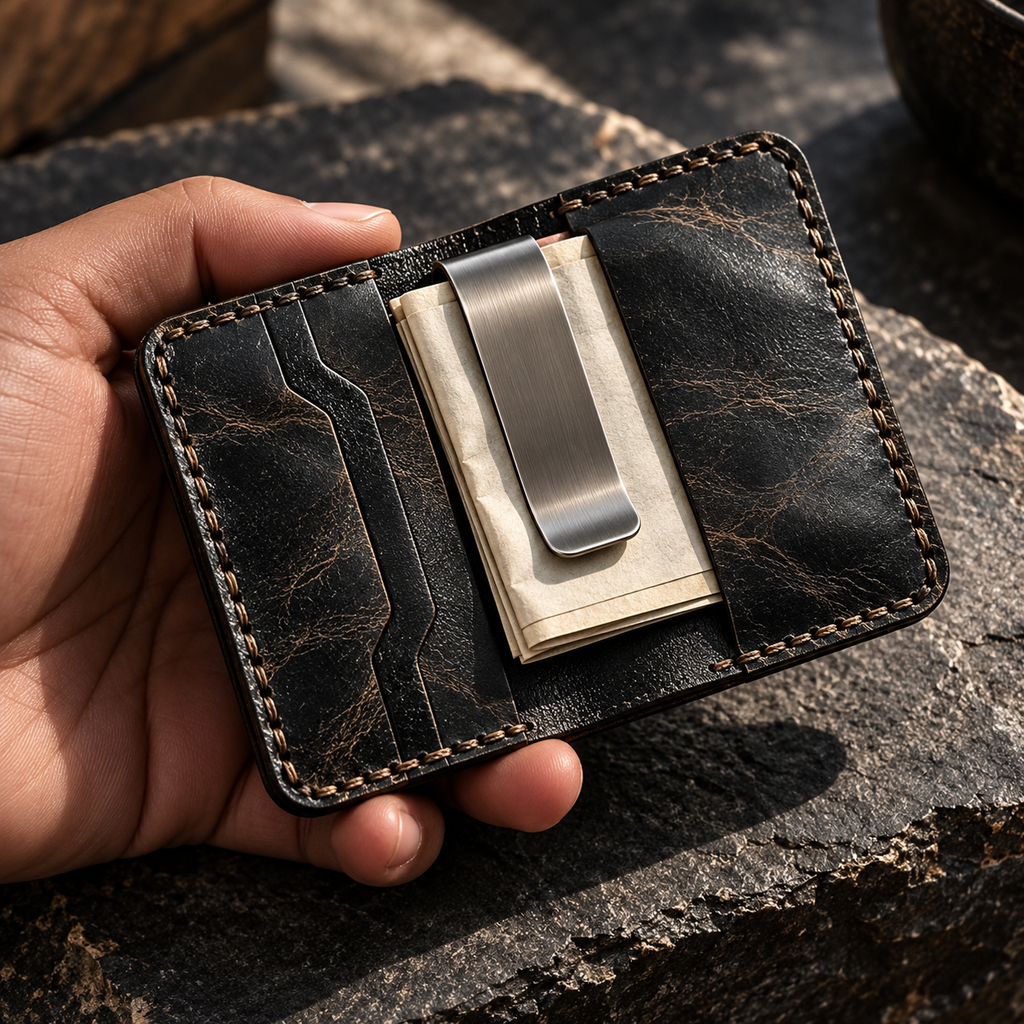 Black leather money clip wallet on graphite stone