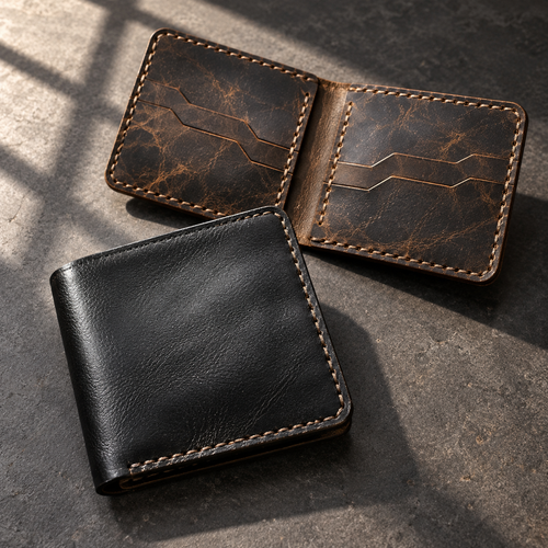 Black and brown stitched leather bifold wallets on a charcoal surface