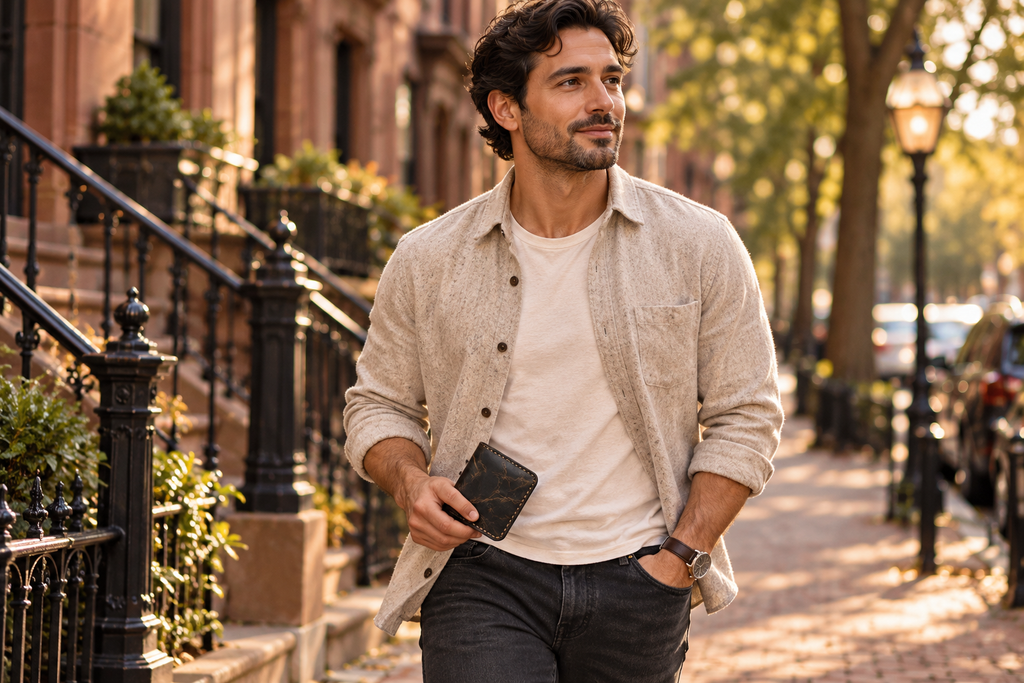 Man carrying a black stitched leather wallet on a city walk