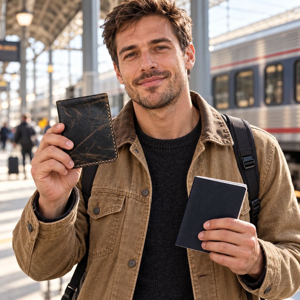 Traveler holding a black leather wallet and passport booklet