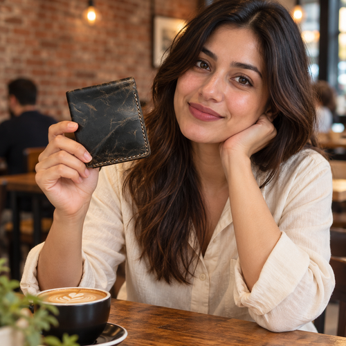 Woman holding a black stitched leather wallet at a café