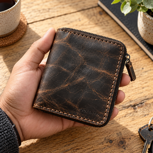 Brown stitched leather zip wallet on oak